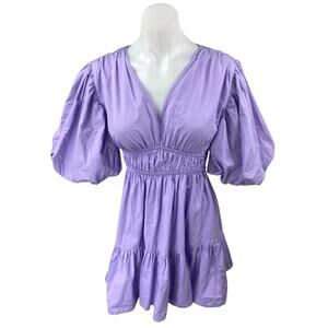 Japna Purple Short Puff Sleeve V-neck Smocked Tiered Mini Fit & Flare Dress M